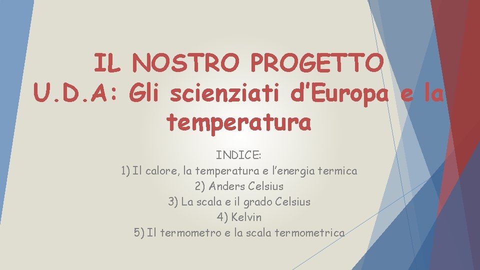 IL NOSTRO PROGETTO U. D. A: Gli scienziati d’Europa e la temperatura INDICE: 1)