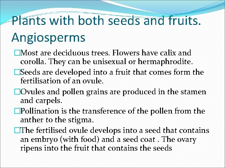 Plants with both seeds and fruits. Angiosperms �Most are deciduous trees. Flowers have calix