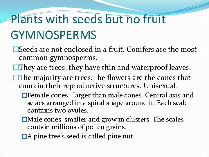 Plants with seeds but no fruit GYMNOSPERMS �Seeds are not enclosed in a fruit.