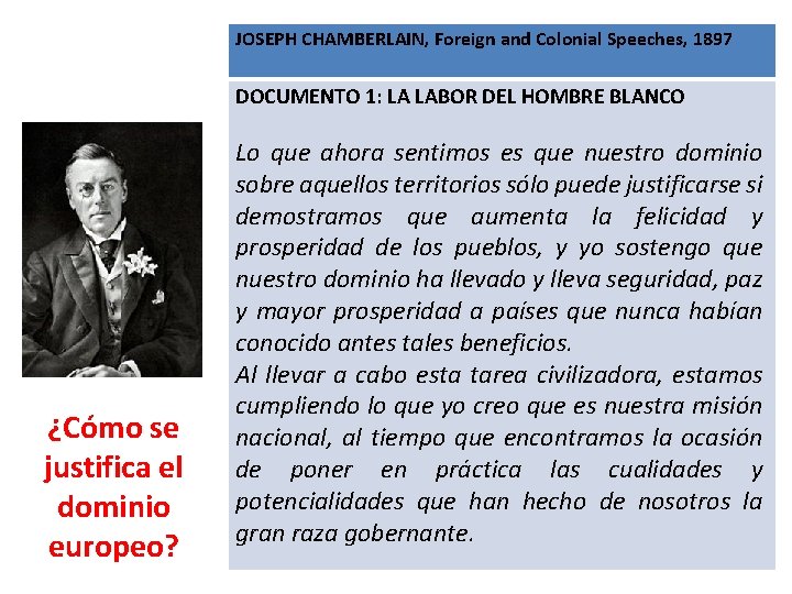 JOSEPH CHAMBERLAIN, Foreign and Colonial Speeches, 1897 DOCUMENTO 1: LA LABOR DEL HOMBRE BLANCO