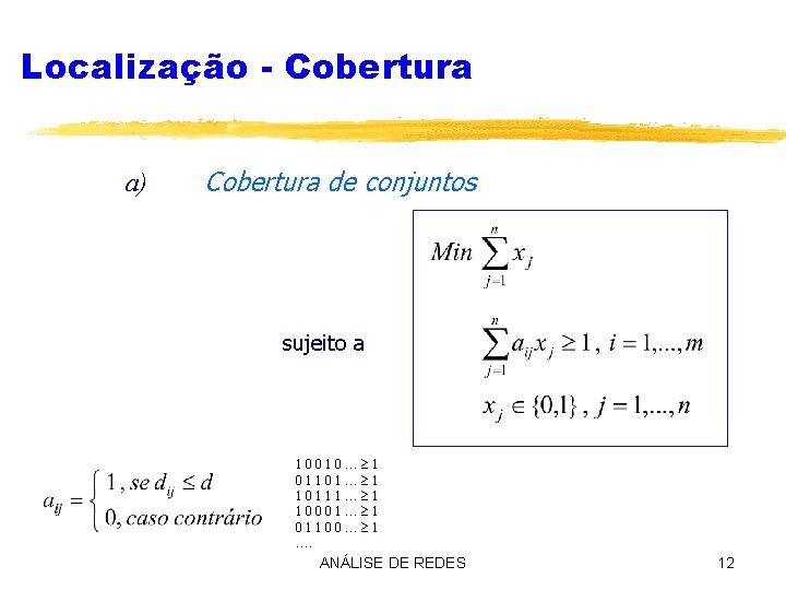 Localização - Cobertura a) Cobertura de conjuntos sujeito a 10010… 1 01101… 1 10111…