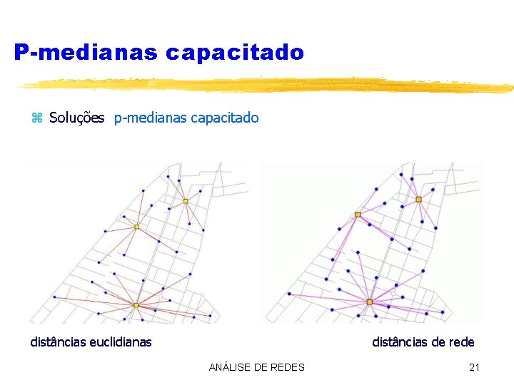 P-medianas capacitado z Soluções p-medianas capacitado distâncias euclidianas distâncias de rede ANÁLISE DE REDES