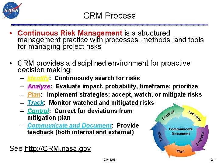 CRM Process • Continuous Risk Management is a structured management practice with processes, methods,