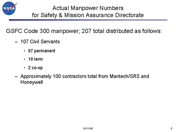 Actual Manpower Numbers for Safety & Mission Assurance Directorate GSFC Code 300 manpower; 207