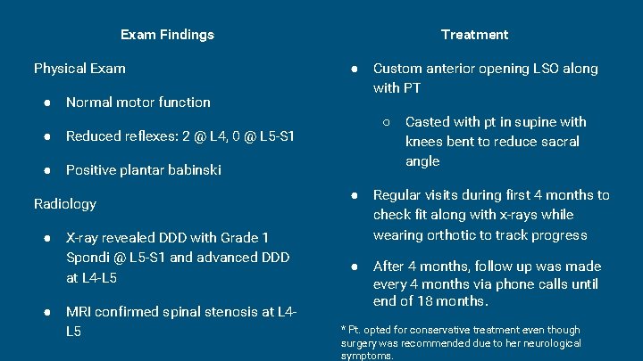 Exam Findings Physical Exam ● Normal motor function ● Reduced reflexes: 2 @ L