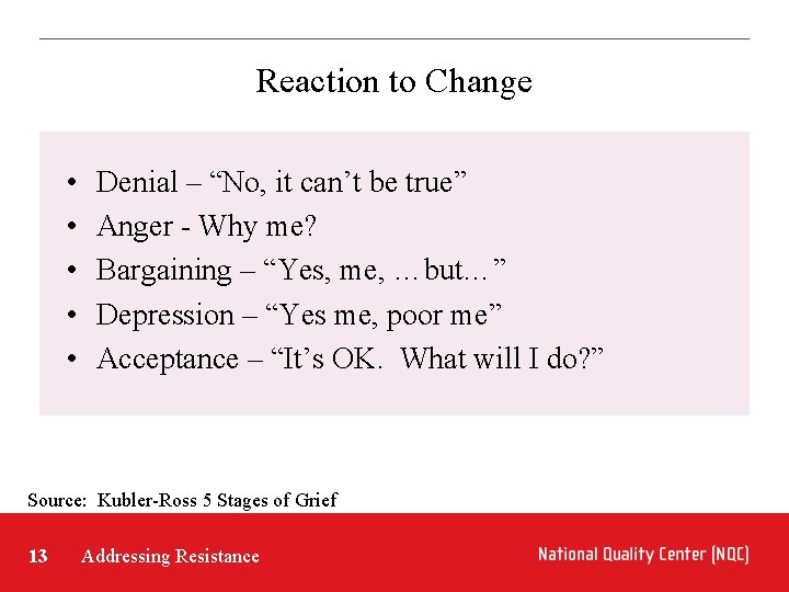 Reaction to Change • • • Denial – “No, it can’t be true” Anger
