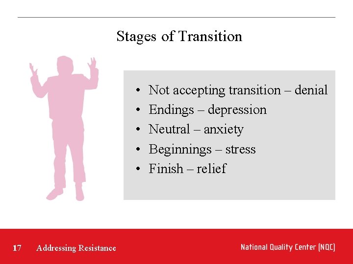 Stages of Transition • • • 17 Addressing Resistance Not accepting transition – denial