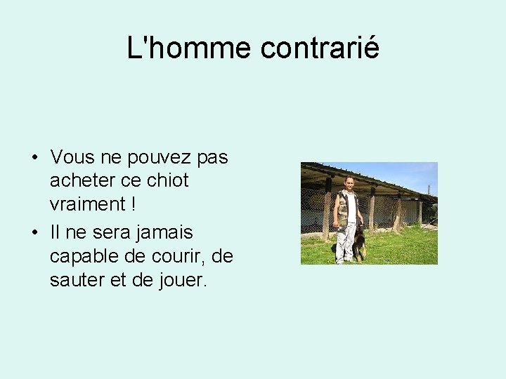 L'homme contrarié • Vous ne pouvez pas acheter ce chiot vraiment ! • Il