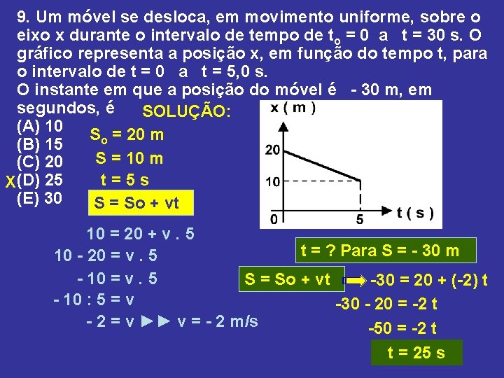 9. Um móvel se desloca, em movimento uniforme, sobre o eixo x durante o 9. Um móvel se desloca, em movimento uniforme, sobre o eixo x durante o