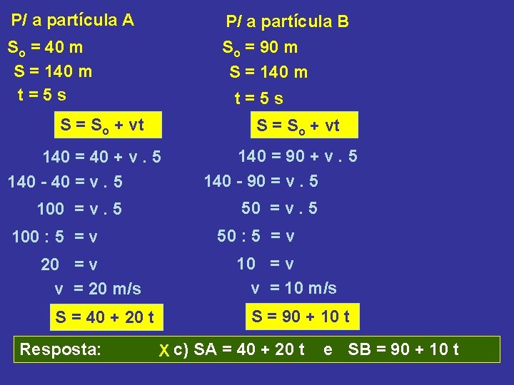 P/ a partícula A P/ a partícula B So = 40 m S = P/ a partícula A P/ a partícula B So = 40 m S =