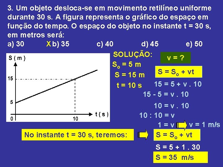 3. Um objeto desloca-se em movimento retilíneo uniforme durante 30 s. A figura representa 3. Um objeto desloca-se em movimento retilíneo uniforme durante 30 s. A figura representa