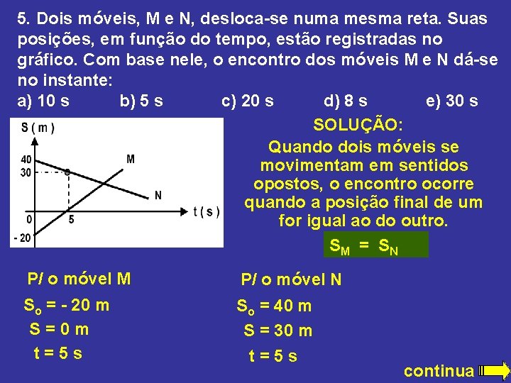 5. Dois móveis, M e N, desloca-se numa mesma reta. Suas posições, em função 5. Dois móveis, M e N, desloca-se numa mesma reta. Suas posições, em função