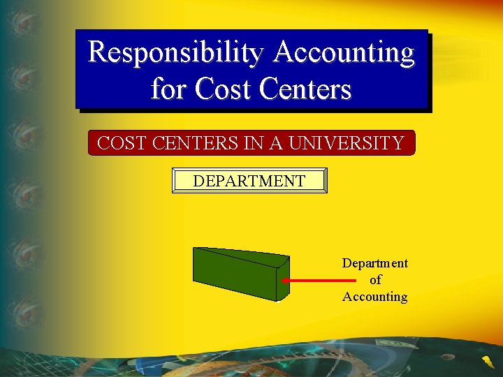 Responsibility Accounting for Cost Centers COST CENTERS IN A UNIVERSITY DEPARTMENT Department of Accounting