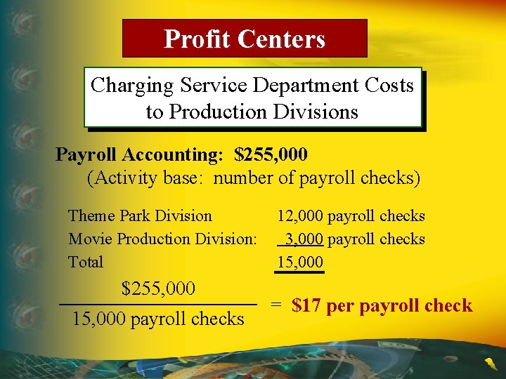 Profit Centers Charging Service Department Costs to Production Divisions Payroll Accounting: $255, 000 (Activity