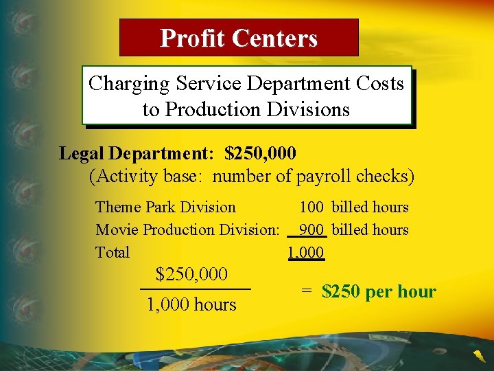 Profit Centers Charging Service Department Costs to Production Divisions Legal Department: $250, 000 (Activity