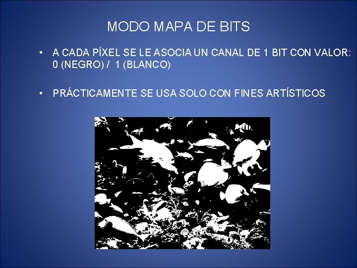 MODO MAPA DE BITS • A CADA PÍXEL SE LE ASOCIA UN CANAL DE