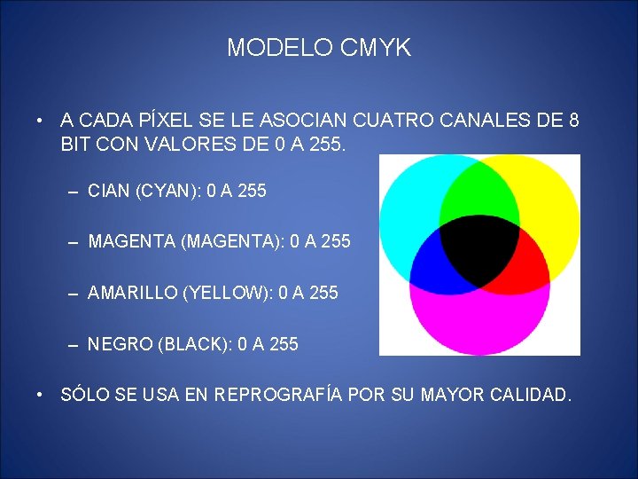 MODELO CMYK • A CADA PÍXEL SE LE ASOCIAN CUATRO CANALES DE 8 BIT