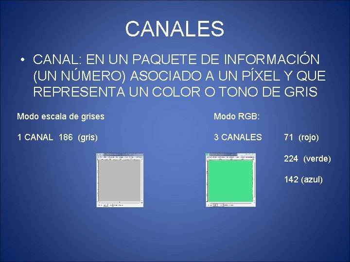 CANALES • CANAL: EN UN PAQUETE DE INFORMACIÓN (UN NÚMERO) ASOCIADO A UN PÍXEL