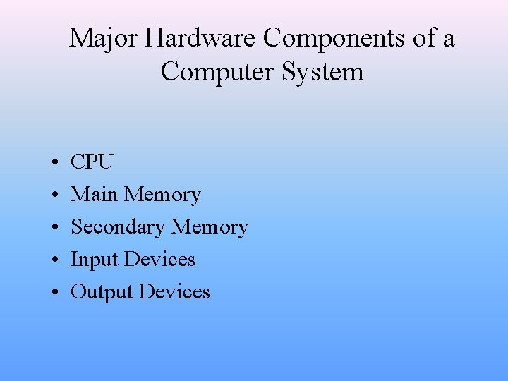 Major Hardware Components of a Computer System • • • CPU Main Memory Secondary