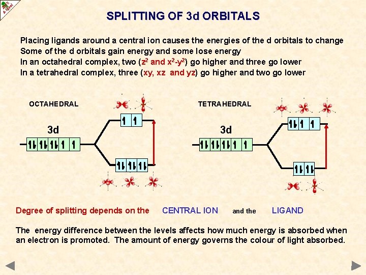 SPLITTING OF 3 d ORBITALS Placing ligands around a central ion causes the energies