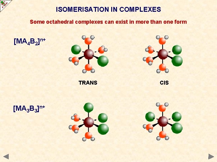 ISOMERISATION IN COMPLEXES Some octahedral complexes can exist in more than one form [MA