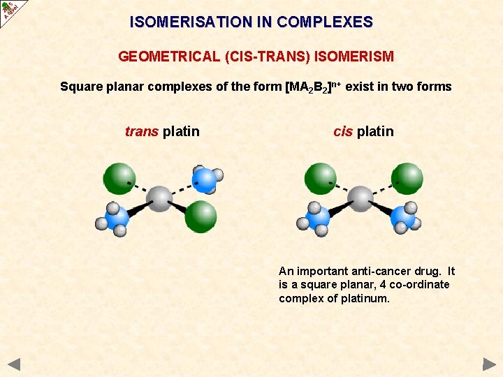 ISOMERISATION IN COMPLEXES GEOMETRICAL (CIS-TRANS) ISOMERISM Square planar complexes of the form [MA 2