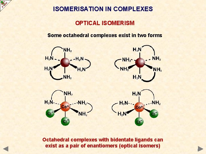 ISOMERISATION IN COMPLEXES OPTICAL ISOMERISM Some octahedral complexes exist in two forms Octahedral complexes