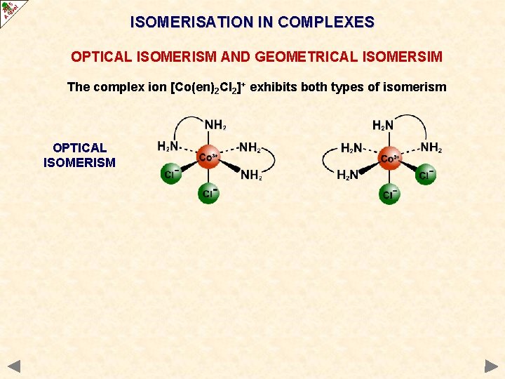 ISOMERISATION IN COMPLEXES OPTICAL ISOMERISM AND GEOMETRICAL ISOMERSIM The complex ion [Co(en)2 Cl 2]+
