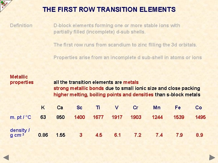 THE FIRST ROW TRANSITION ELEMENTS Definition D-block elements forming one or more stable ions