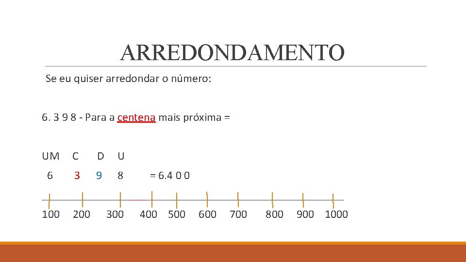 ARREDONDAMENTO Se eu quiser arredondar o número: 6. 3 9 8 - Para a