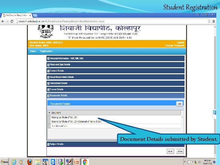Student Registration Document Details submitted by Student. 
