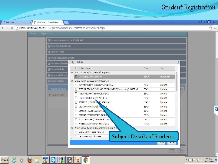 Student Registration Subject Details of Student. 