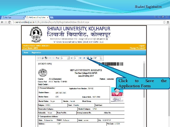 Student Registration Click to Save Application Form the 