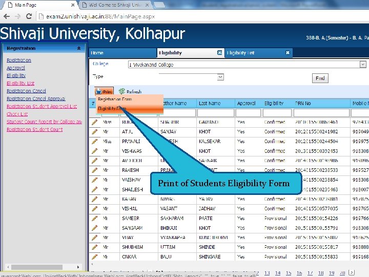 Print of Students Eligibility Form 