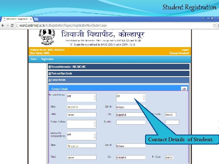 Student Registration Contact Details of Student. 