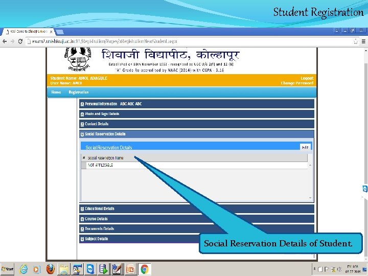 Student Registration Social Reservation Details of Student. 