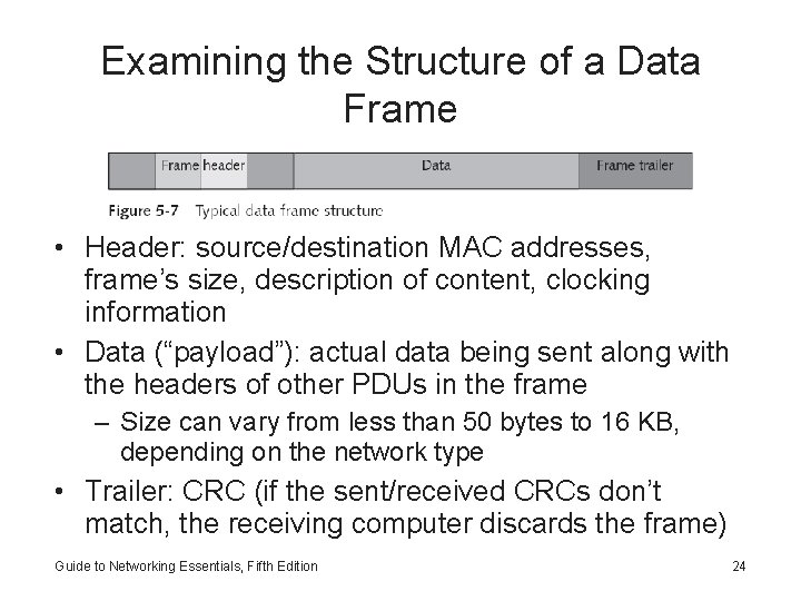 Examining the Structure of a Data Frame • Header: source/destination MAC addresses, frame’s size,