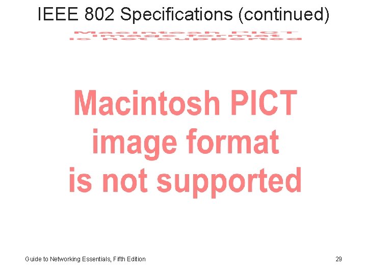 IEEE 802 Specifications (continued) Guide to Networking Essentials, Fifth Edition 29 