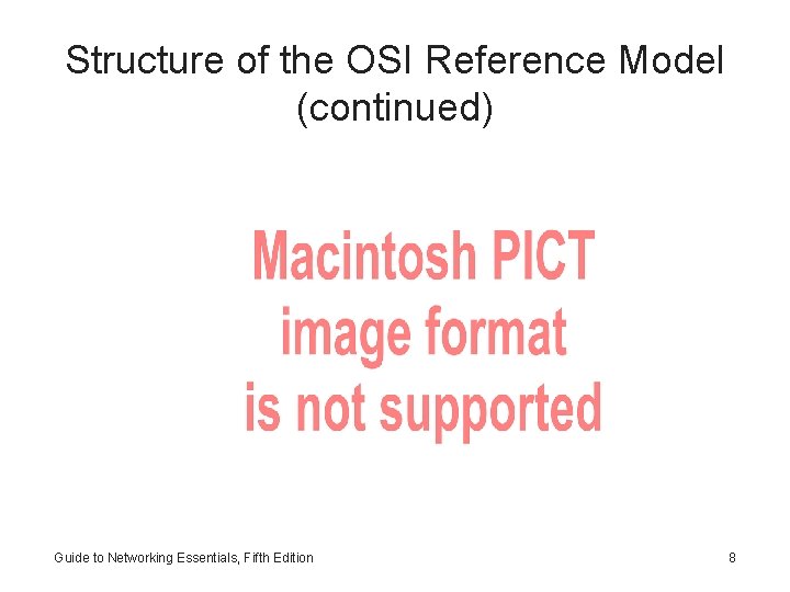 Structure of the OSI Reference Model (continued) Guide to Networking Essentials, Fifth Edition 8