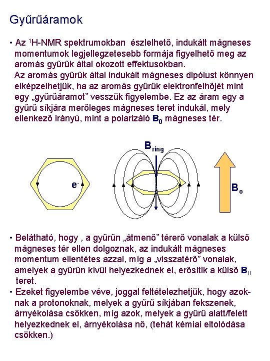 Gyűrűáramok • Az 1 H-NMR spektrumokban észlelhető, indukált mágneses momentumok legjellegzetesebb formája figyelhető meg