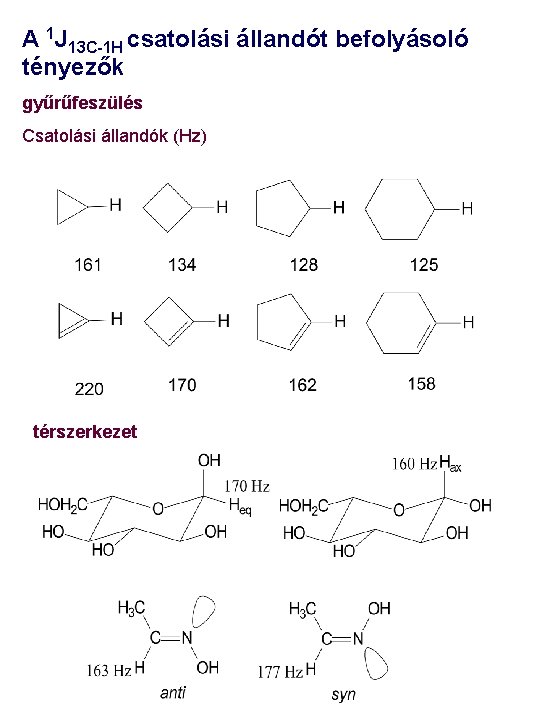 A 1 J 13 C-1 H csatolási állandót befolyásoló tényezők gyűrűfeszülés Csatolási állandók (Hz)