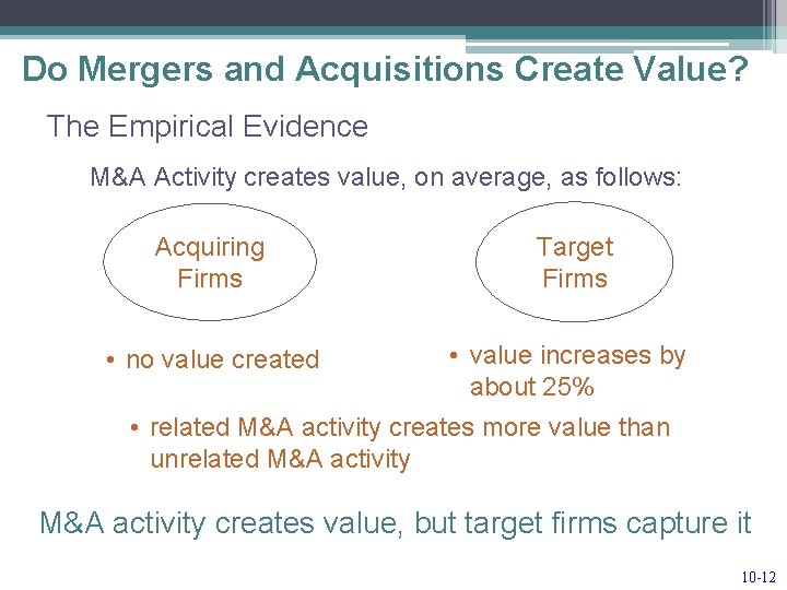 Do Mergers and Acquisitions Create Value? The Empirical Evidence M&A Activity creates value, on