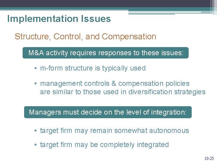 Implementation Issues Structure, Control, and Compensation M&A activity requires responses to these issues: •