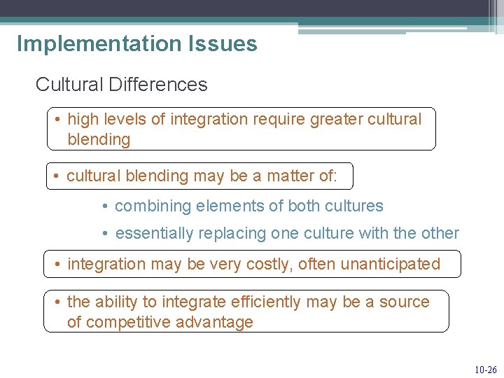 Implementation Issues Cultural Differences • high levels of integration require greater cultural blending •