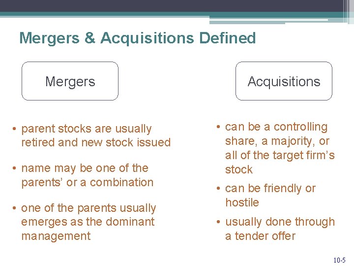 Mergers & Acquisitions Defined Mergers • parent stocks are usually retired and new stock