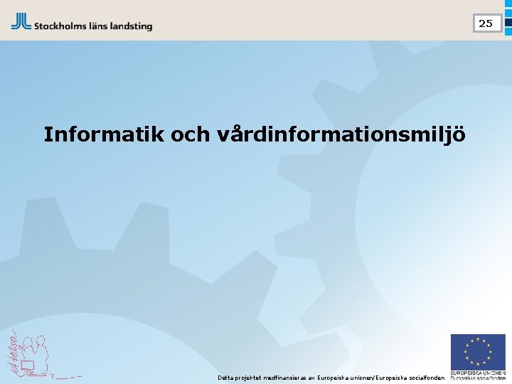 25 Informatik och vårdinformationsmiljö Detta projektet medfinansieras av Europeiska unionen/Europeiska socialfonden 