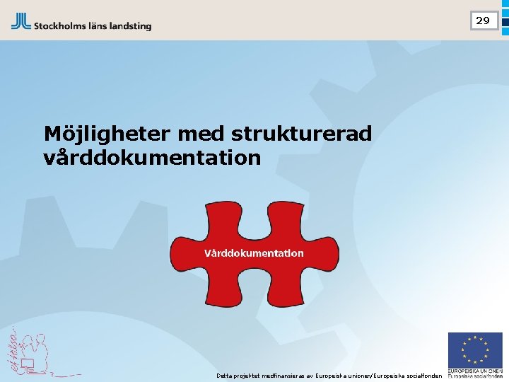 29 Möjligheter med strukturerad vårddokumentation Detta projektet medfinansieras av Europeiska unionen/Europeiska socialfonden 