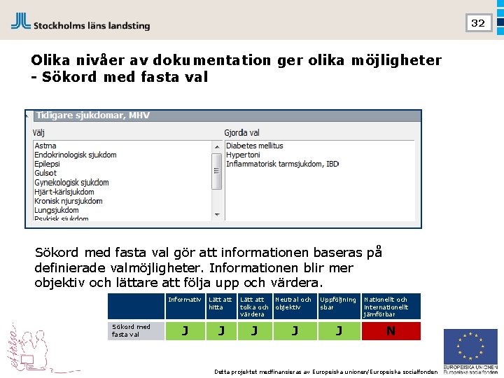 32 Olika nivåer av dokumentation ger olika möjligheter - Sökord med fasta val gör