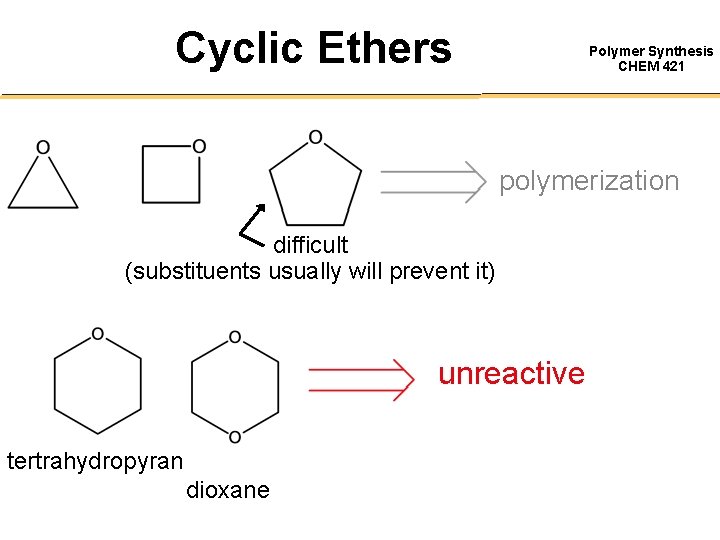 Cyclic Ethers Polymer Synthesis CHEM 421 polymerization difficult (substituents usually will prevent it) unreactive