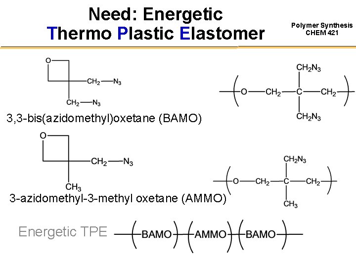 Need: Energetic Thermo Plastic Elastomer 3, 3 -bis(azidomethyl)oxetane (BAMO) 3 -azidomethyl-3 -methyl oxetane (AMMO)